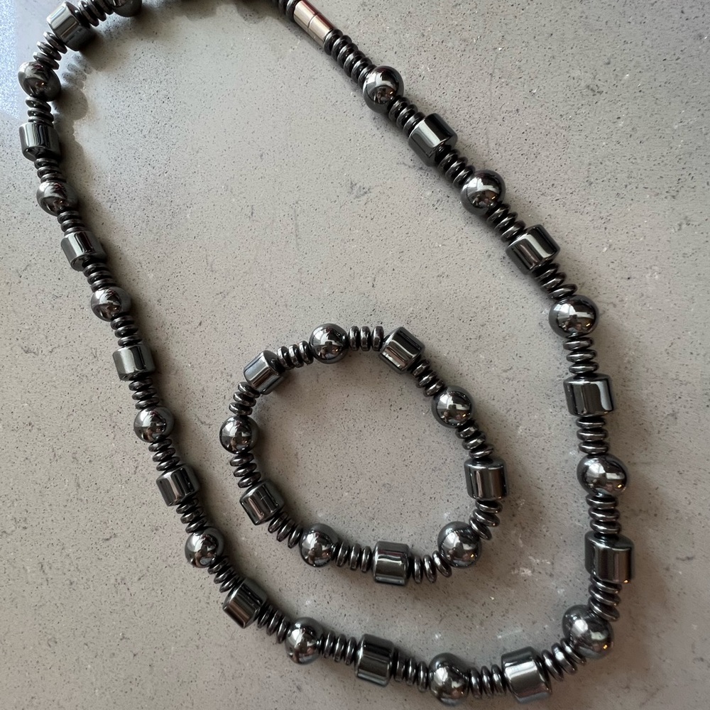 Hematite Beaded Stretch Bracelet and Necklace with Magnetic Clasp (20 Inches)